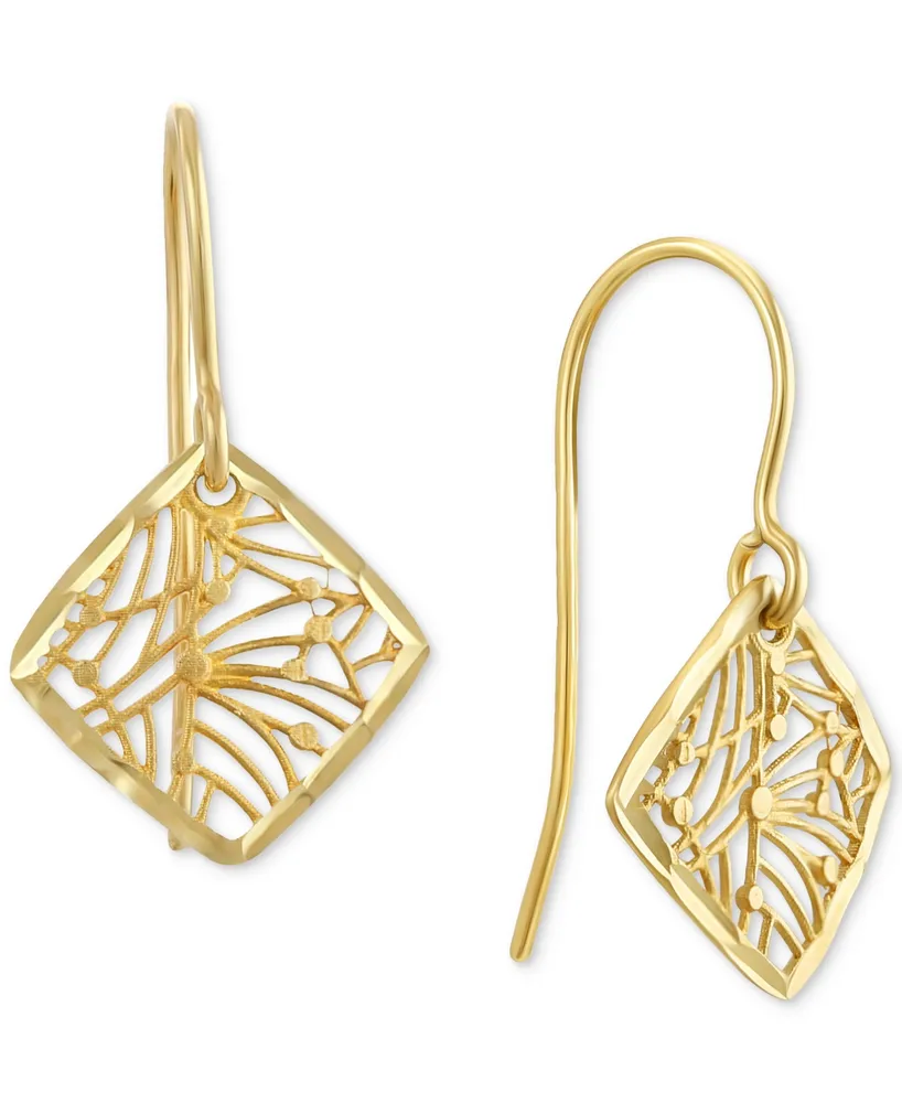 Filigree Openwork Square Dangle Drop Earrings in 10k Gold