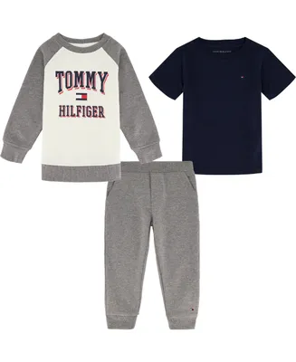 Tommy Hilfiger Baby Boys Basic T-shirt, Fleece Raglan Logo Crewneck and Joggers, 3 Piece Set