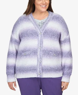 Alfred Dunner Plus Size Point of View Ombre Cardigan with Flower Buttons Sweater