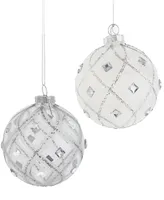 Kurt Adler 80mm Jeweled Clear Feather Effect Ball Ornaments, 6 Piece Set