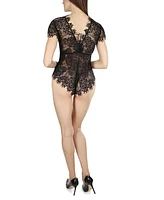 MeMoi Women's Ava Lace Cap Sleeve Boyshorts Romper Lingerie with Sweetheart Neckline