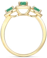 Emerald (3/4 ct. t.w.) & Diamond (1/5 ct. t.w.) Three Stone Halo Ring in 14k Gold