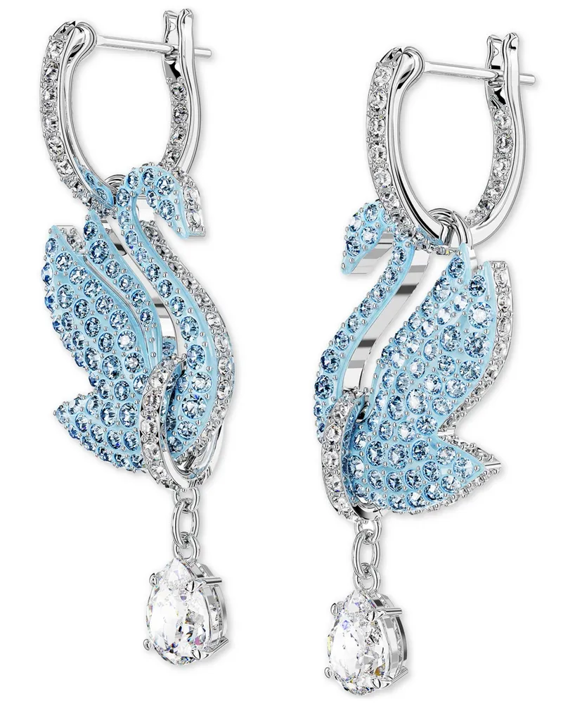 Swarovski Silver-Tone Blue & White Crystal Iconic Swan Drop Earrings