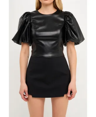 endless rose Women's Pu Leather Puff Sleeve Cropped Top