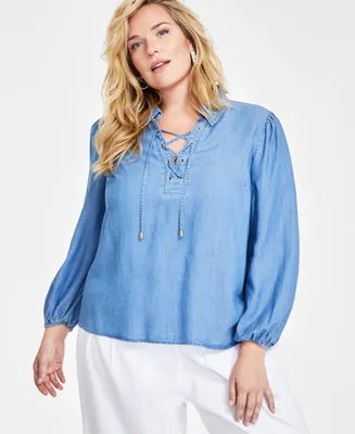 I.n.c. International Concepts Plus Lace-Up Blouson-Sleeve Top, Created for Macy's