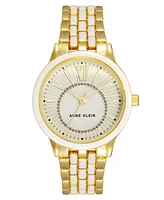 Anne Klein Women's Three Hand Quartz White Enamel and Gold-tone Alloy Bracelet Watch, 32mm - White-Gold