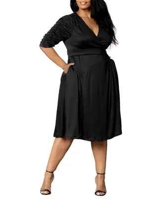 Kiyonna Plus Size Gabriella Ruched Sleeve Midi Dress with Pockets