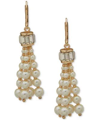 Anne Klein Gold-Tone Imitation Pearl & Stone Baguette Tassel Drop Earrings