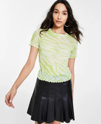 Bar Iii Women's Printed Mesh Lettuce-Edged T-Shirt, Created for Macy's