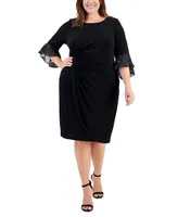 Connected Plus Size Lace-Cuff 3/4-Sleeve Chiffon Dress