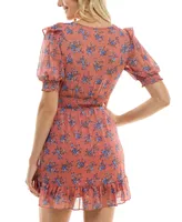 B Darlin Juniors' Ruffled Floral Clip-Dot A-Line Dress