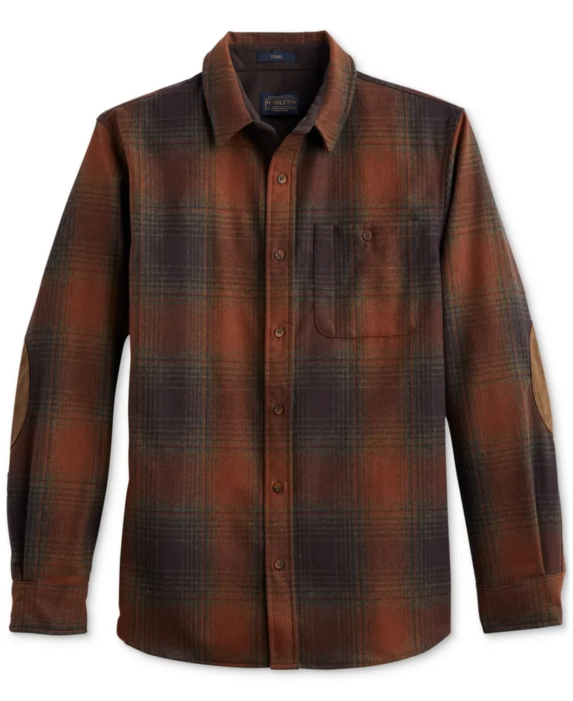Pendleton Men's Trail Plaid Button-Down Wool Shirt with Faux-Suede Elbow Patches
