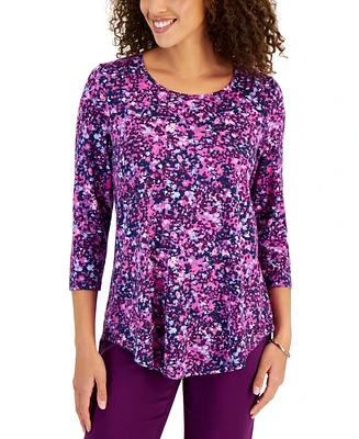 Jm Collection Women's Scoop Neck 3/4 Sleeve Printed Knit Top, Created for Macy's