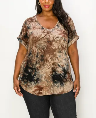 Coin 1804 Plus Tie Dye V-neck Rolled Short Sleeve Top