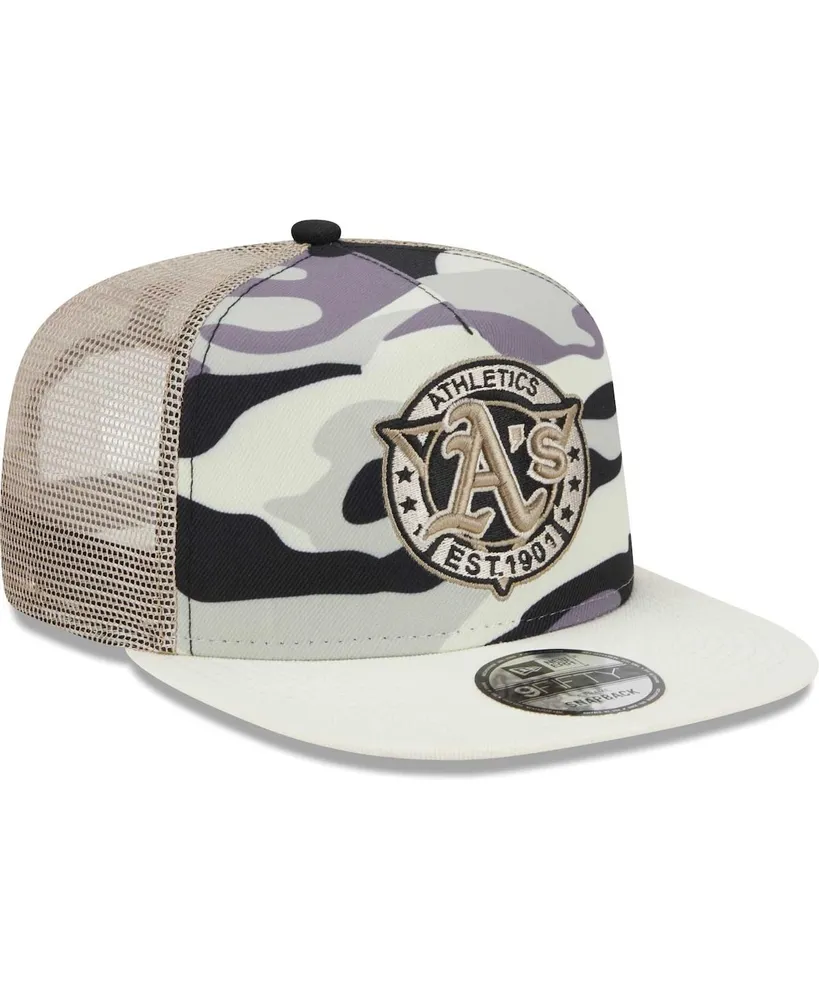 Men's New Era White Oakland Athletics Chrome Camo A-Frame 9FIFTY Trucker Snapback Hat