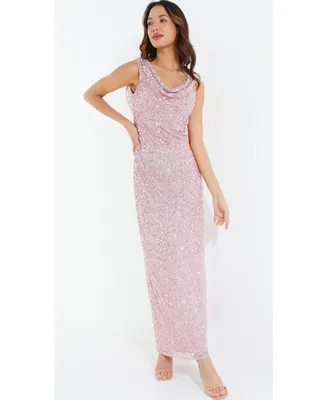 Quiz Women's Pink Cowl Neck Sequin Evening Dress