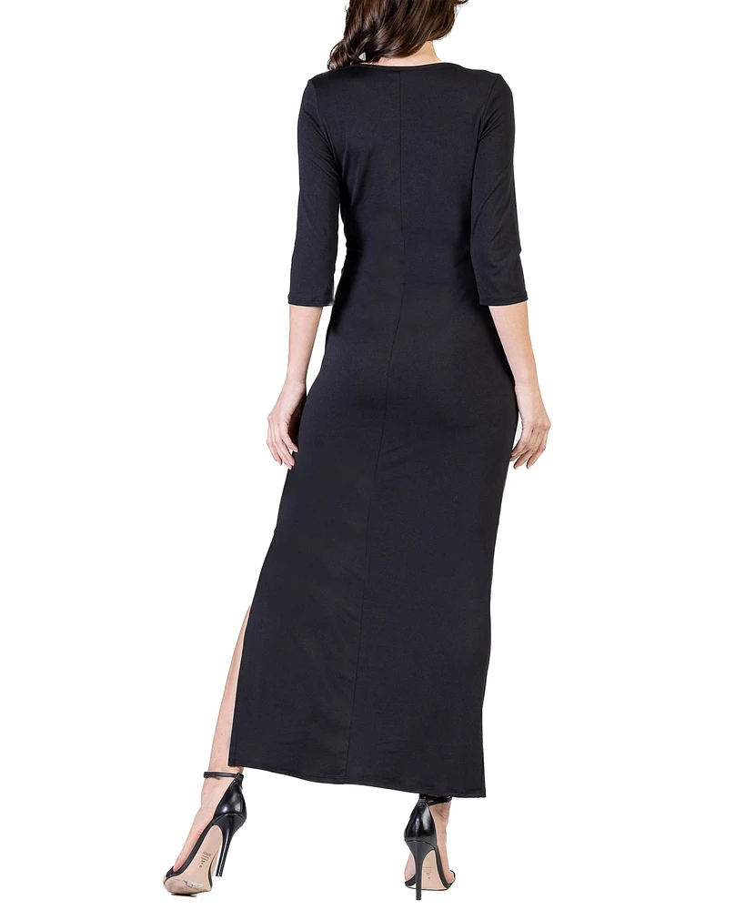 24seven Comfort Apparel Women's Fitted V-neck Side Slit Maxi Dress