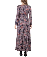 24seven Comfort Apparel Women's Long Sleeve Paisley A-Line Maxi Dress