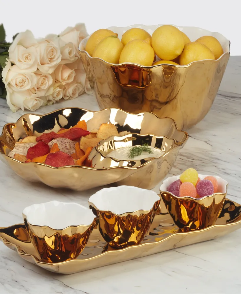 Certified International Gold-Silver Tone Coast 4 Piece Set Tray and Condiment Bowls