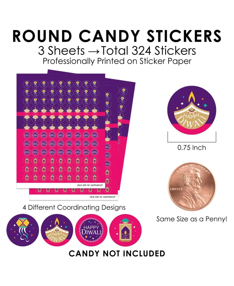 Happy Diwali Festival of Lights Party Small Round Candy Stickers 324 Ct - Assorted Pre