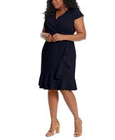 London Times Plus Pleated Flounce Surplice Dress