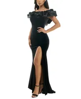 B Darlin Juniors' Velvet Ruffled Off-The-Shoulder Gown