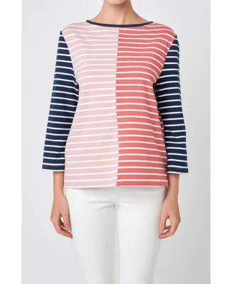 English Factory Women's Striped Color Blocked 3/4 Length Sleeve Tee