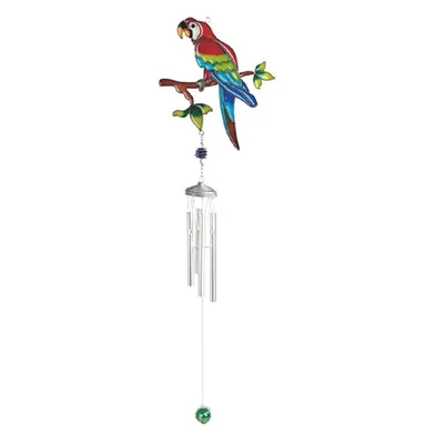 34" Long Red Parrot Pewter Wind Chime with Gem