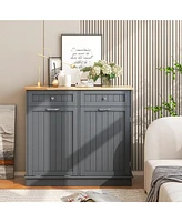Costway Wooden Kitchen Trash Cabinet Tilt Out Bin Holder with Drawer & Storage Shelf