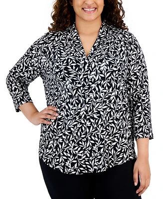 Jm Collection Plus Size Printed Veering Vine 3/4-Sleeve Top, Created for Macy's