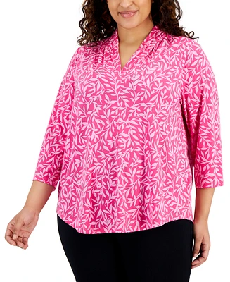Jm Collection Plus Printed Veering Vine 3/4-Sleeve Top, Created for Macy's