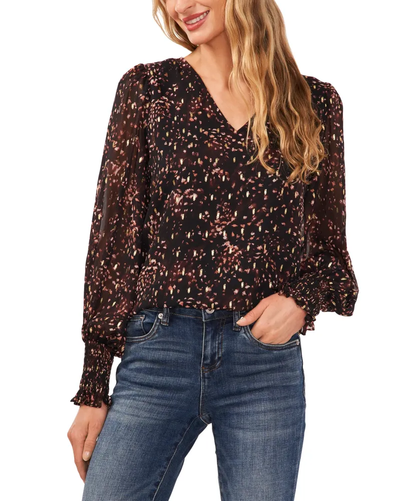 CeCe Women's Printed Long-Sleeve V-Neck Blouse