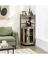 Costway Corner Bar Cabinet Industrial Liquor Wine Cabinet with Glass Holder & Mesh Doors