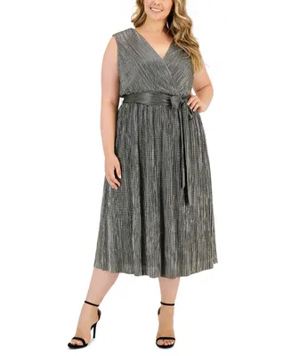 Anne Klein Plus Size V-Neck Belted Sleeveless Dress