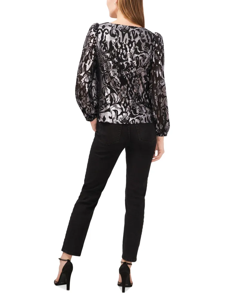 1.state Women's Metallic-Print Puff-Sleeve V-Neck Blouse