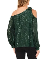 CeCe Women's Long Sleeve Sequin Bow Detail One-Shoulder Top