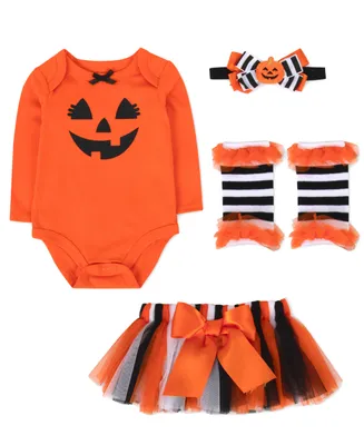 Baby Essentials Girls Halloween Pumpkin Bodysuit, Tutu, Legwarmers and Headband, 4 Piece Set