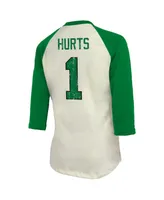 Women's Majestic Threads Jalen Hurts Cream, Kelly Green Philadelphia Eagles Alternate Player Name and Number Raglan 3/4-Sleeve T-shirt