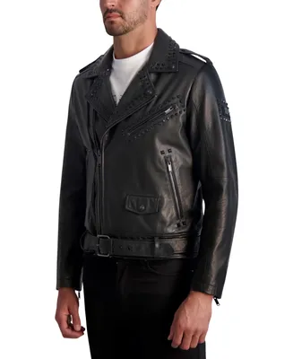 Karl Lagerfeld Paris White Label Men's Slim Fit Studded Leather Asymmetrical Zip Front Biker Jacket