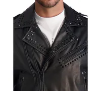 Karl Lagerfeld Paris White Label Men's Slim Fit Studded Leather Asymmetrical Zip Front Biker Jacket