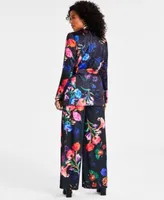 I.N.C. International Concepts Womens Floral Print Tie Waist Satin Blazer Lace Trimmed Camisole Top Printed Wide Leg Satin Pants Created For Macys