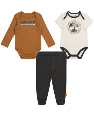 Timberland Baby Boys Logo Long Sleeve and Short Bodysuits Heather Joggers, 3 Piece Set