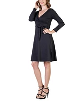 24seven Comfort Apparel Women's Chic V-neck Long Sleeve Belted Dress