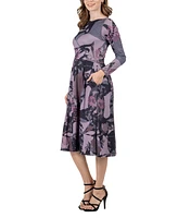 24seven Comfort Apparel Women's Floral Long Sleeve Pleated Pocket Midi Dress