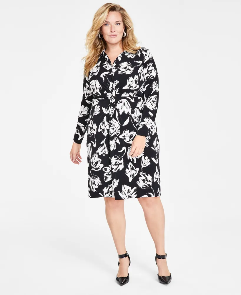 I.n.c. International Concepts Plus Floral-Print Twist-Front Dress, Created  for Macy's