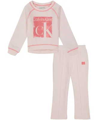 Calvin Klein Baby Girls Flocked Logo Fleece Crewneck Top and Flare Leg Pants, 2 Piece Set