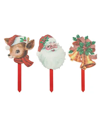 Glitzhome Wooden Glitter Santa, Bell and Reindeer Yard Stake, Set of 3