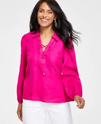 I.n.c. International Concepts Women's Lace-Up-Neck Blouse, Created for Macy's