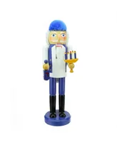 14" Blue and White Wooden Hanukkah Nutcracker with Menorah and Dreidel