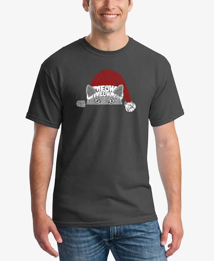 La Pop Art Men's Christmas Peeking Cat Printed Word T-shirt